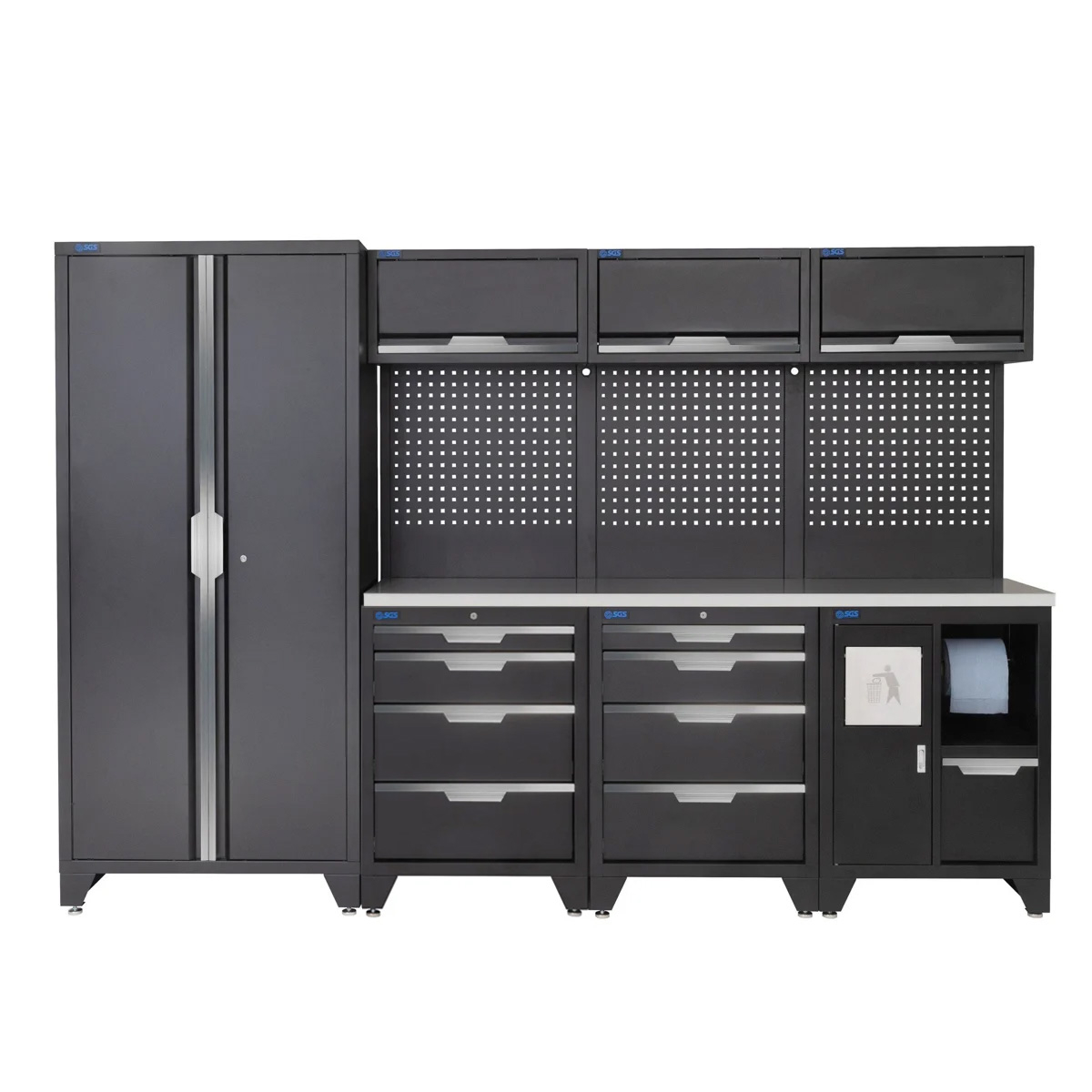 SGS 10pc Garage Storage System | 8 Drawers | Stainless Steel Worktop | Tall Double Cabinet | Bin Unit | 3x Upper Cabinets